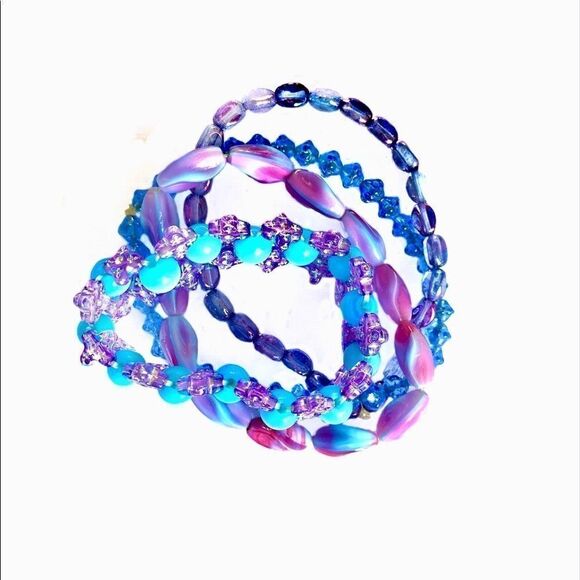Blue lavender purple pink 6 strand glass bead stretch bracelets - Picture 6 of 8